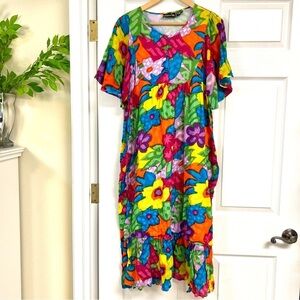 VTG 80’ IT’S ABOUT TIME Colorful Floral Tiered maxi  Dress Boho Hawaii women’s M